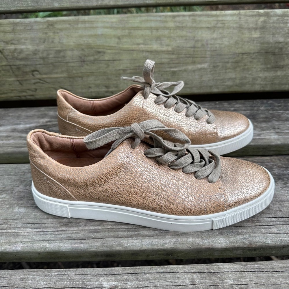 Frye Ivy Low Lace Leather‎ Sneakers Gold Crackle Metallic Casual Shoes Size 8.5